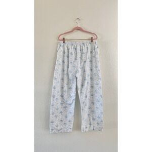 Vintage Pajama Pants Womens L White Blue Floral Flannel Cotton Ruffle Straight